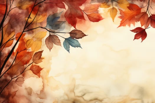 Illustration watercolor art autumn background with maple leaves, Generative AI.