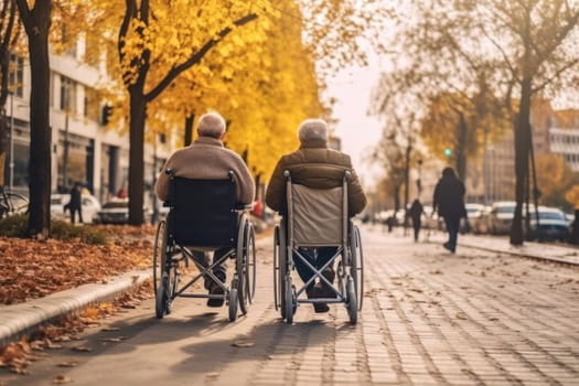 Elderly person in wheelchair in autumn nature .Generative AI.