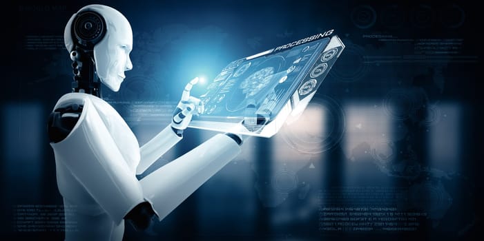 XAI 3d illustration Robot humanoid use mobile phone or tablet in concept of AI thinking brain , artificial intelligence and machine learning process for the 4th fourth industrial revolution. 3D illustration.
