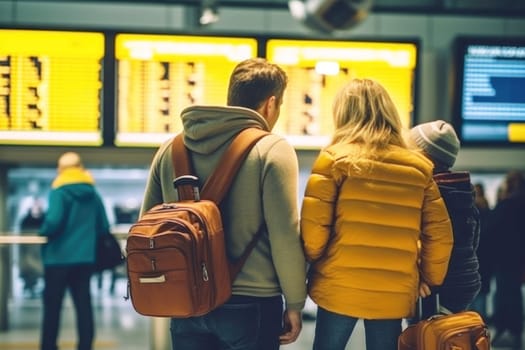 family Traveler Checking Flight Schedules for Departure Time, Generative AI..