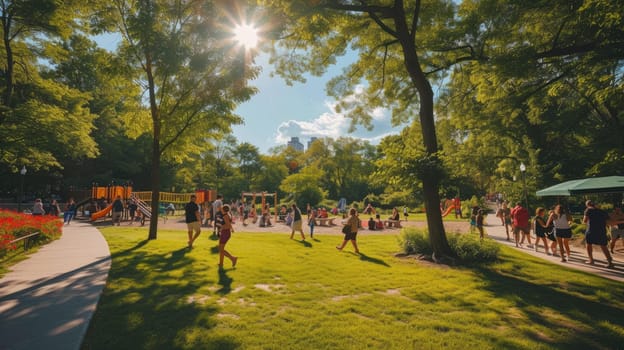 A group of people enjoying leisure activities in a park with a playground, surrounded by natural landscapes, trees, grass, and plants. AIG41