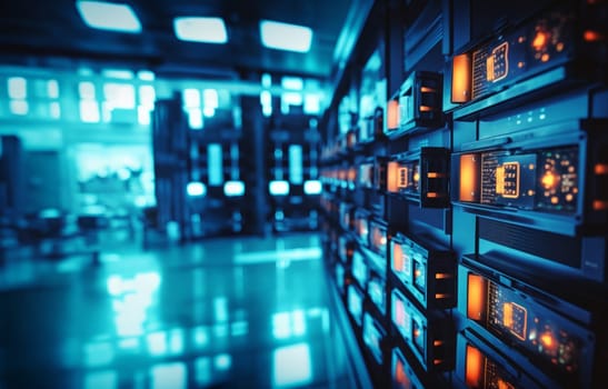 A close-up photograph showcases modern blue computers in a server room, illustrating the technological infrastructure of data management and communication networks.Generated image.