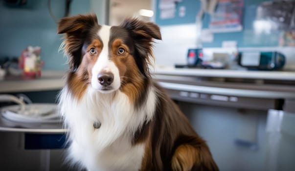 A black-and-white dog patiently awaits its veterinary examination in the clinic.Generated image.