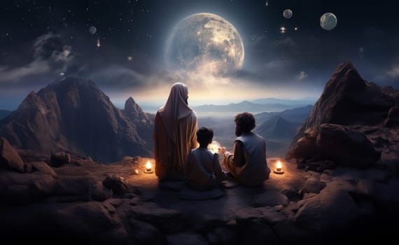 A Muslim family in the ancient mountains of the Sahara gathers to welcome the breaking of the fast at iftar during Ramadan, embodying traditions of unity, compassion, and gratitude in a serene and sacred setting.Generated image.