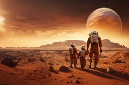 A futuristic, symbolic photograph depicts the beginnings of human civilization on Mars, showing a family walking on the surface of the red planet, evoking themes of exploration, settlement, and the pioneering spirit of humanity's extraterrestrial endeavors.Generated image.