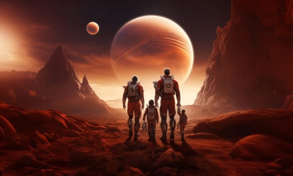 A futuristic, symbolic photograph depicts the beginnings of human civilization on Mars, showing a family walking on the surface of the red planet, evoking themes of exploration, settlement, and the pioneering spirit of humanity's extraterrestrial endeavors.Generated image.