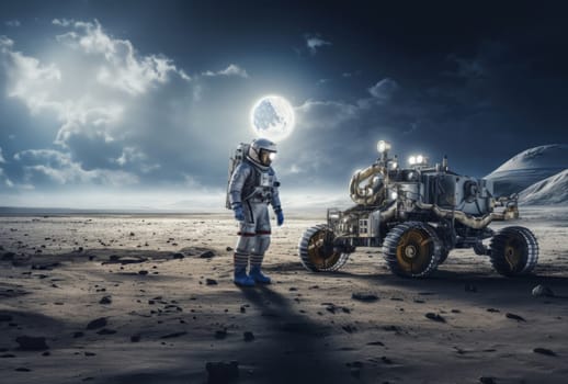 A modern astronaut is depicted exploring the surface of the moon, embodying the spirit of adventure and scientific exploration in the vastness of outer space.Generated image.