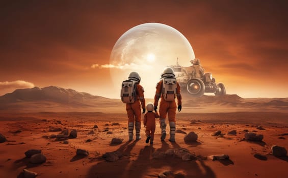 A futuristic, symbolic photograph depicts the beginnings of human civilization on Mars, showing a family walking on the surface of the red planet, evoking themes of exploration, settlement, and the pioneering spirit of humanity's extraterrestrial endeavors.Generated image.