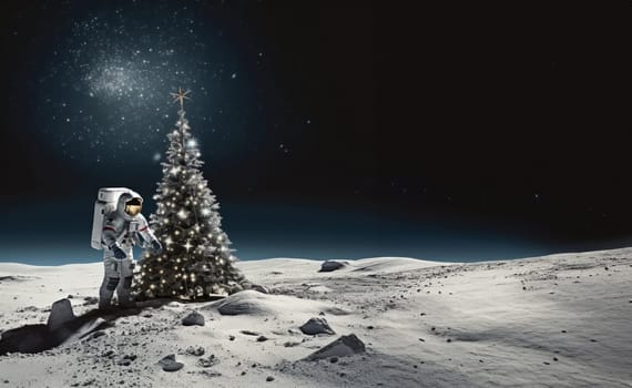 An astronaut on Mars celebrates the holiday season by decorating a Christmas tree, bringing a festive spirit to the distant red planet.Generated image.