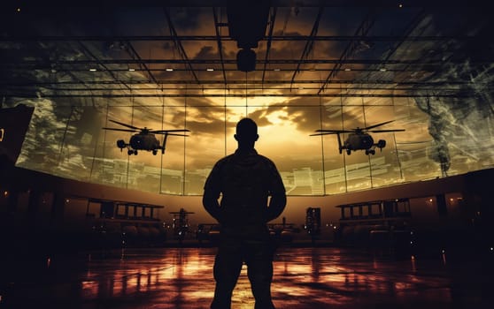 A special soldier is depicted observing the wartime situation and the advancement of his military army through holographic displays, showcasing strategic analysis and tactical planning in a high-tech environment.Generated image.