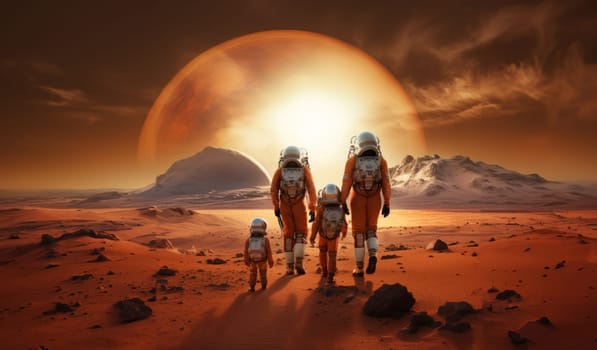 A futuristic, symbolic photograph depicts the beginnings of human civilization on Mars, showing a family walking on the surface of the red planet, evoking themes of exploration, settlement, and the pioneering spirit of humanity's extraterrestrial endeavors.Generated image.