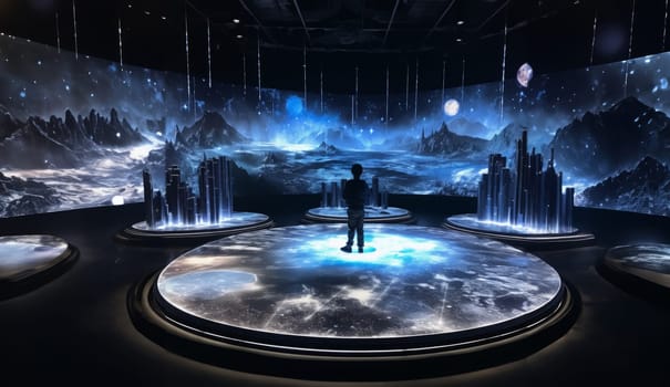 In a futuristic museum, holograms vividly depict the history of the country, showcasing its evolution and the profound changes it has undergone over time.Generated image.