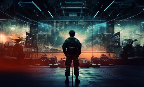 A special soldier is depicted observing the wartime situation and the advancement of his military army through holographic displays, showcasing strategic analysis and tactical planning in a high-tech environment.Generated image.
