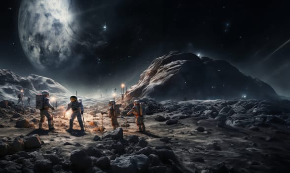 A group of modern astronauts is depicted exploring the hazardous surface of the moon in outer space, showcasing the daring mission of discovery and adventure in lunar exploration.Generated image.