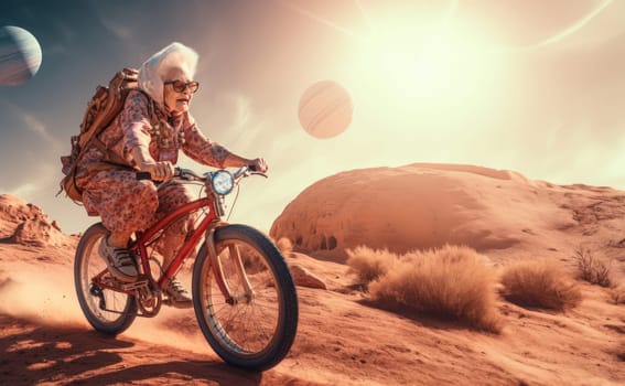 A futuristic depiction shows an elderly woman cycling across the surface of the moon, blending imagination, exploration, and the concept of space-age transportation.Generated image.