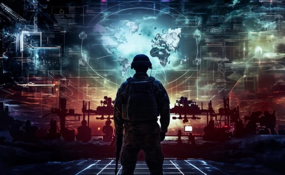 A special soldier is depicted observing the wartime situation and the advancement of his military army through holographic displays, showcasing strategic analysis and tactical planning in a high-tech environment.Generated image.