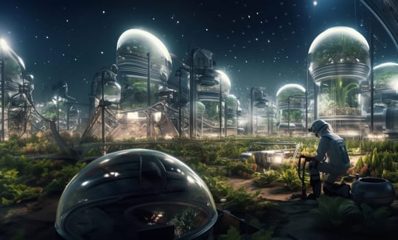 A futuristic depiction of agriculture shows cultivation and farming in glass enclosures on the surface of Mars in space, highlighting innovation and sustainability efforts in space colonization and exploration.Generated image.