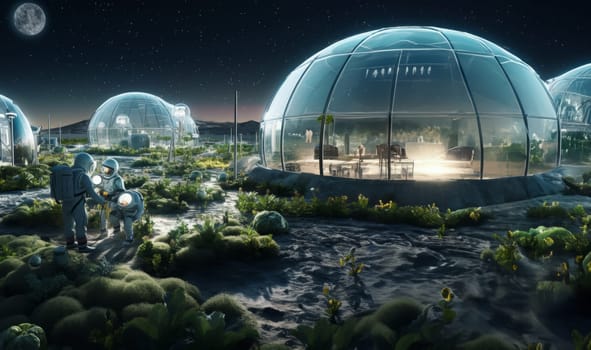 A futuristic depiction of agriculture shows cultivation and farming in glass enclosures on the surface of Mars in space, highlighting innovation and sustainability efforts in space colonization and exploration.Generated image.