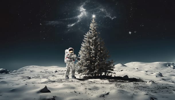 An astronaut on Mars celebrates the holiday season by decorating a Christmas tree, bringing a festive spirit to the distant red planet.Generated image.