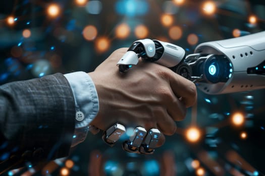 shaking hands between robot and human partners or friends. Generative AI..