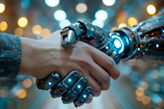 shaking hands between robot and human partners or friends. Generative AI..