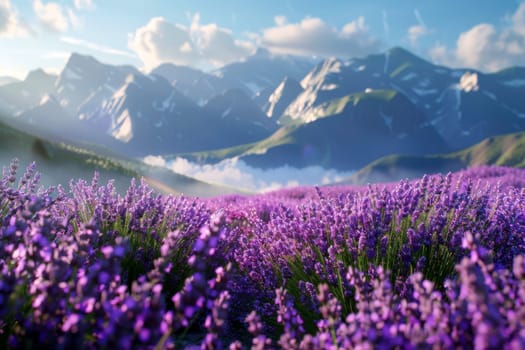 a lavender field with beautiful twilight sky .generative ai.