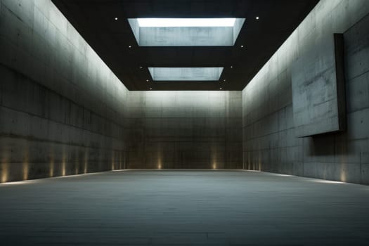 An empty room with concrete walls and floor. Generative AI..