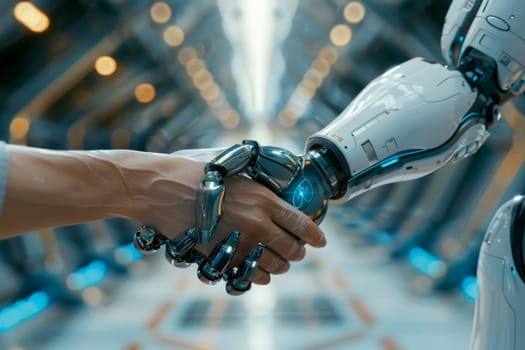 shaking hands between robot and human partners or friends. Generative AI..