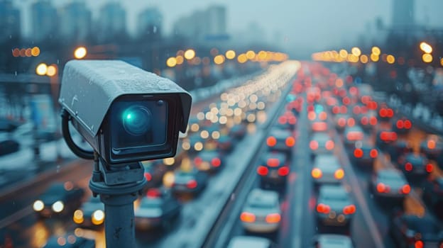 Speed camera monitoring busy traffic road. The cameras speed control on the road. Generative AI.