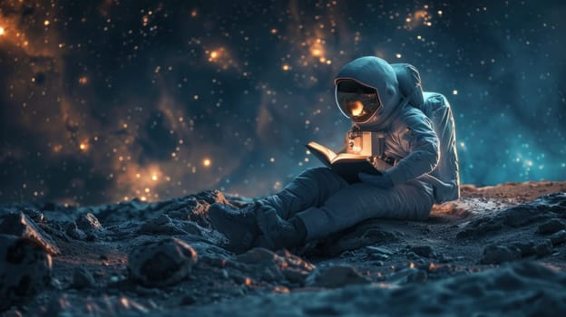 Concept World book day, Astronaut reading book on moon. Generative AI.