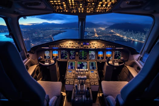 Cockpit of plane inside view, airplane flight deck , generative AI.