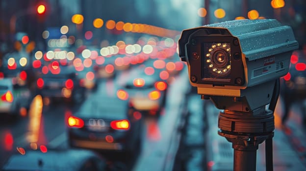 Speed camera monitoring busy traffic road. The cameras speed control on the road. Generative AI.