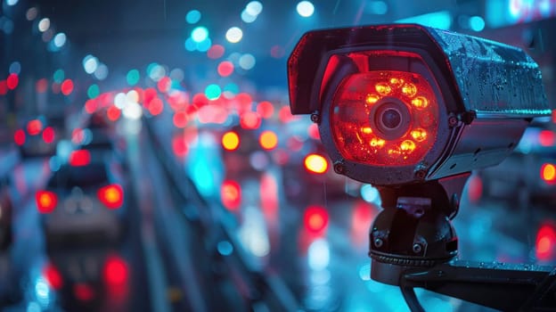 Speed camera monitoring busy traffic road. The cameras speed control on the road. Generative AI.