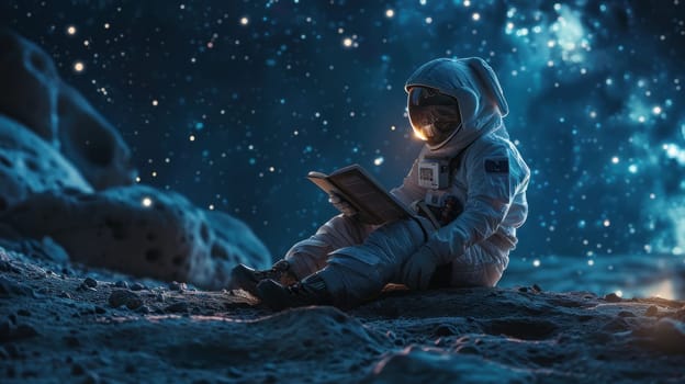 Concept World book day, Astronaut reading book on moon. Generative AI.