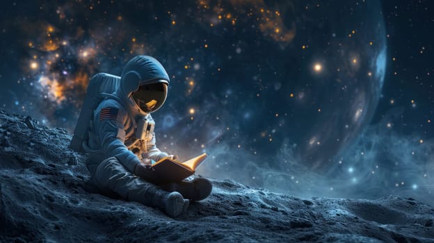 Concept World book day, Astronaut reading book on moon. Generative AI.