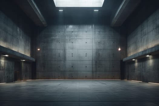 An empty room with concrete walls and floor. Generative AI..