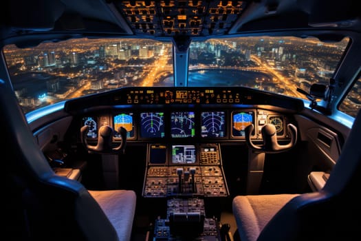 Cockpit of plane inside view, airplane flight deck , generative AI.