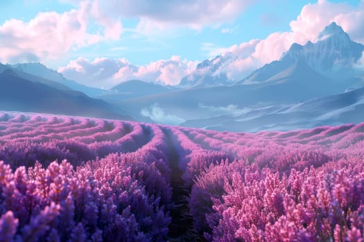 a lavender field with beautiful twilight sky .generative ai.