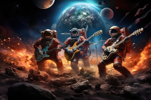 A group of astronauts play music band on planet, Generative AI.