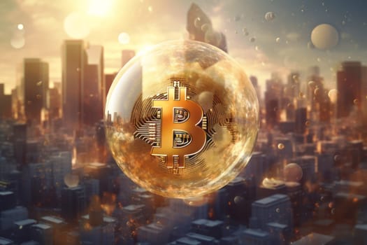 Bitcoin on futuristic background created with generative AI.