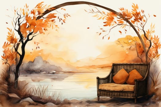 Illustration watercolor art autumn background with maple leaves, Generative AI.