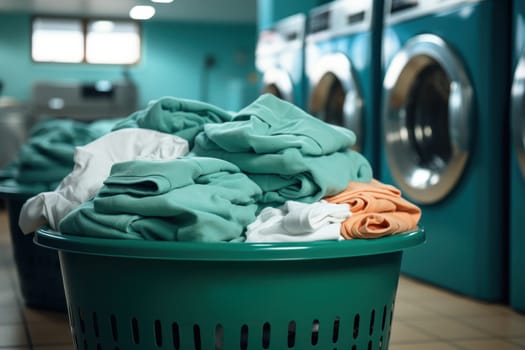 Row of washing machine of laundry business in the public store. Generative AI.