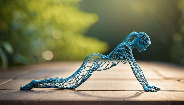 Woman in yoga pose, bent wire figure on nature backdrop, Creative figures symbol of tranquility, art and serenity intersection