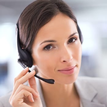 Call center, woman and portrait for telemarketing and communication with headset, microphone and contact us. Customer support, employee and face with consulting, help desk and advisor in workplace.