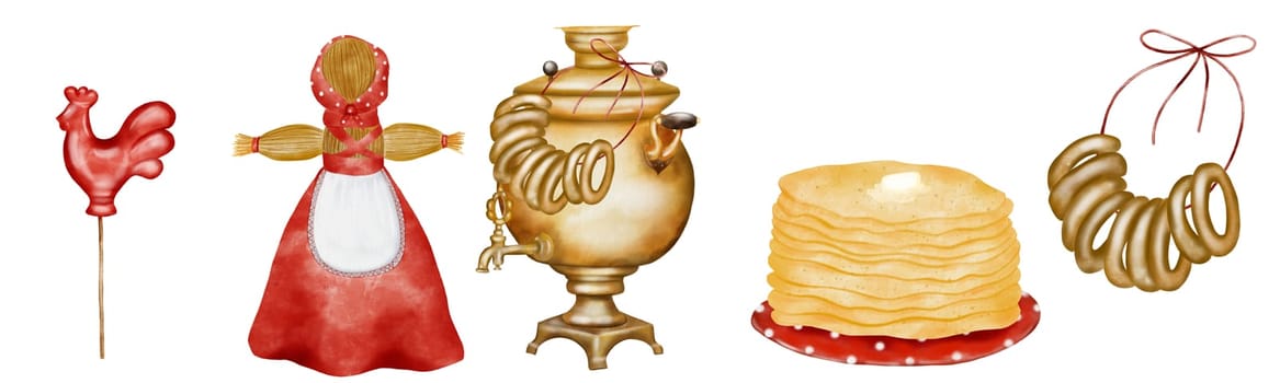 Watercolor set on Shrovetide isolated pictures on white background. Samovar with bagels and rooster, straw effigy in national Russian costume and plate with pancakes. For design of postcards and banners for Maslenitsa. High quality photo