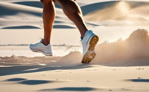 Man in white sneakers kicking up sand on a beach