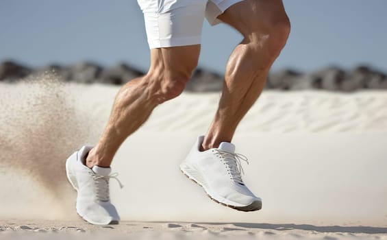 Man in white sneakers kicking up sand on a beach