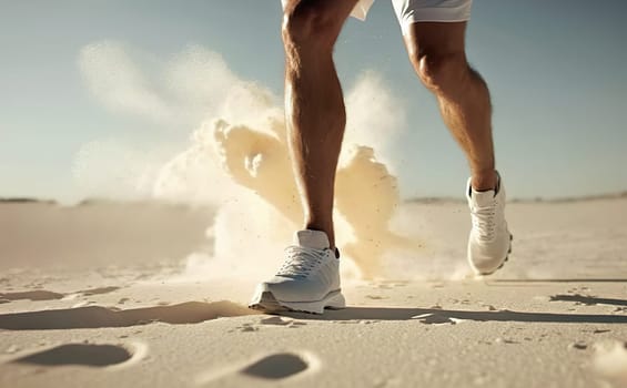 Man in white sneakers kicking up sand on a beach