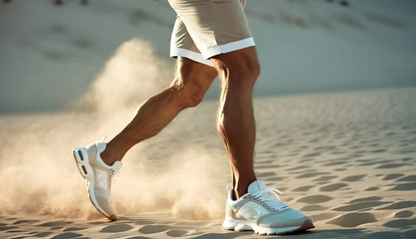 Man in white sneakers kicking up sand on a beach