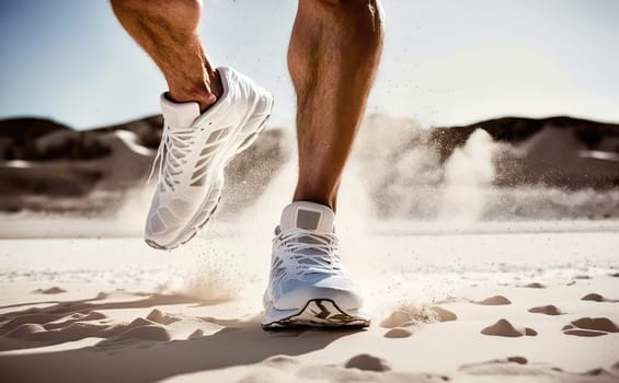 Man in white sneakers kicking up sand on a beach